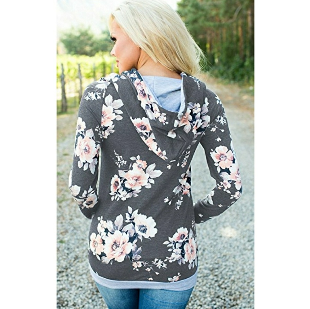 Floral Printed Drawstring Sweatshirt With Pocket - Picture 2 of 3